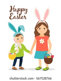 Spring people in easter costumes. Pretty boy and mom with rabbit ears vector illustration.