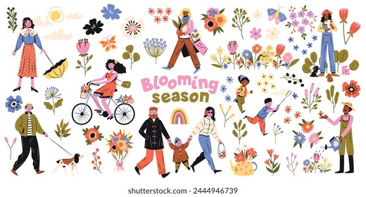 Spring people. Flowering of nature, happy children and adults enjoy good weather, positive attitude, blooming season. Love couple and family cartoon flat style isolated tidy vector set