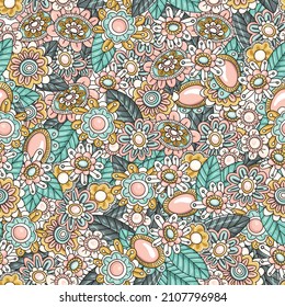 Spring. Perfect for wallpapers, gift paper, greeting cards, fabrics, textiles, web designs. Cute seamless pattern of beautiful flowers and leaves. Hand-drawn. Vector illustration.