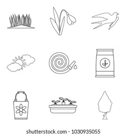 Spring period icons set. Outline set of 9 spring period vector icons for web isolated on white background