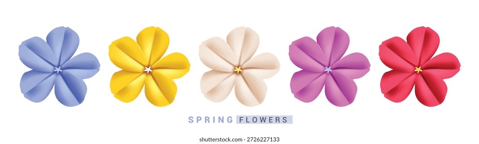 Spring Periwinkle Flowers clipart set. Spring 3d Flowers clip art of Periwinkle blue, Catharanthus pink and Vinca white floral collection for Spring flower elements vector illustration.
