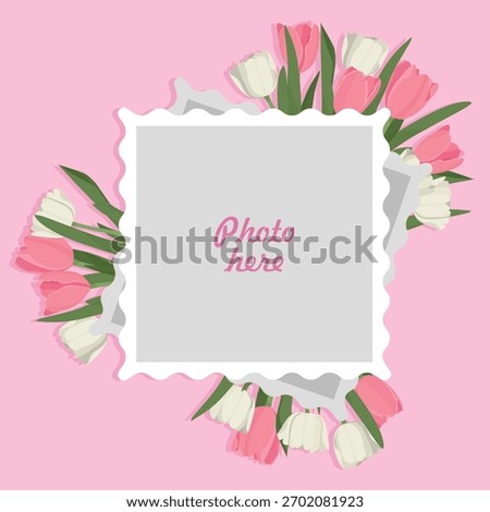 Spring photo frame with elegant white and pink tulips, perfect for Mother's Day or Valentine's Day floral celebration design