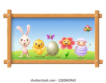 Spring photo with happy characters - bunny, chicken, flower, sheep bee-eater bird and butterfly celebrate Easter around egg - landscape background