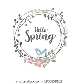 Frases de primavera con elementos de diseño adorables y acogedores. Wreath. Para la tarjeta de felicitación de Felices Festividades. Logo de la celebración de las letras. Tipografía para las vacaciones de primavera. Afiche caligráfico sobre fondo blanco.