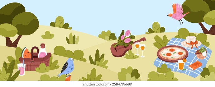 Spring picnic background. Food, picnic basket, blanket spread on the grass. Flat vector illustration.