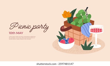 Spring picnic background template. Flat vector illustration for banners, cards, flyers, social media wallpapers, etc.