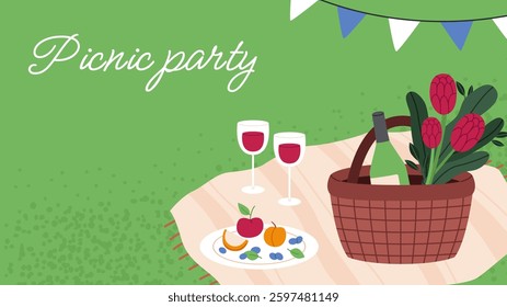 Spring picnic background template. Flat vector illustration. Picnic basket on blanket for banners, cards, flyers, social media wallpapers, etc.
