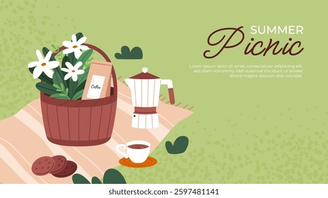 Spring picnic banner template. Flat vector illustration with picnic basket on blanket for banners, cards, flyers, social media wallpapers, etc.