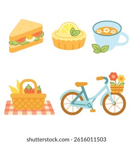 Spring picnic collection colorful vector illustration