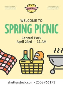 Spring Picnic Concept Vertical Placard Poster Banner Card Template. Vector illustration of Barbecue Grill and Basket with Wine