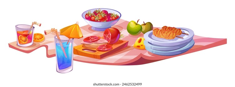 Spring picnic food on blanket for park lunch scene. Cute outdoor mat with wine, fruit and snack for travel dinner. Tablecloth for outing party celebration with tomato, apple and cocktail clipart