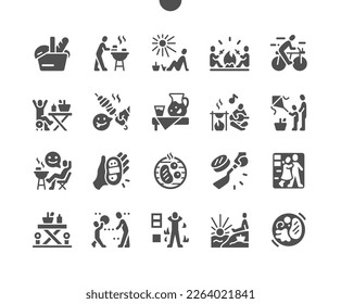 Spring picnic. Outdoor recreation. Family activities. Bonfire, bicycle, lemonade, drink, guitar, kite. Vector Solid Icons. Simple Pictogram