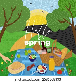 Spring picnic in park on modern drawing square vector banner. Blanket on grass with food and drink. Sunny weather background. Relaxing outdoor scene. Ideal for holiday or vacation promotion.