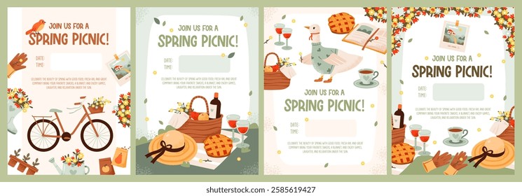 Spring picnic party invitation template set. Picnic baskets filled with goodies against a vibrant spring backdrop. Flat vector illustration.