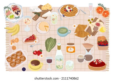 Spring picnic scene with tasty food and drinks, cheese plate, berry pie, waffles, berries and fruit, croissant, lemonade, matcha tea and coffee. Healthy and wholesome food in the fresh air. Vector.