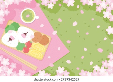 spring picnic vector background with cherry blossoms and a Japanese bento box with a lunch cloth on the green field