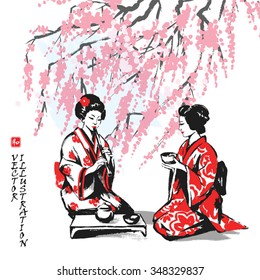 Spring picture with branches of an Oriental cherry and two girls having tea. Hand-drawn sketch. Vector illustration.