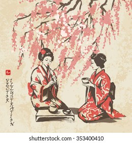 Spring picture with branches of an Oriental cherry and two girls having tea. Hand-drawn sketch. Vector illustration.