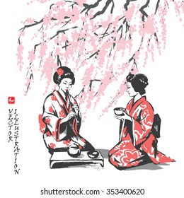 Spring picture with branches of an Oriental cherry and two girls having tea. Hand-drawn sketch. Vector illustration.