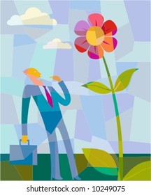 Spring picture with business man and big flower.