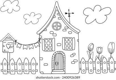 Spring Picture Coloring Page For Kids Features A House, Birdhouse, Fence, And Tulips In A Vector Illustration, Perfect For A Black And White Coloring Book To Print