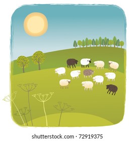 Spring picture. The flock of sheep on the green pasture.