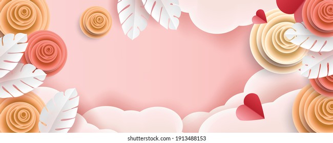 Spring pink background with beautiful colorful paper art flower.template.banners. Wallpaper.flyers, invitation, posters, brochure, voucher discount.Vector illustration 