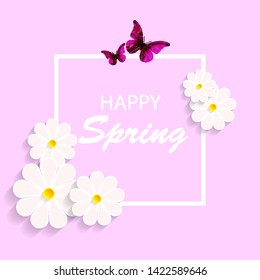 Spring pink banner with daisies and butterflies, vector art illustration.