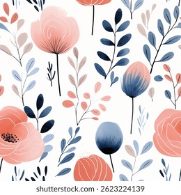 primavera Rosa Azul Bege Castanho Branco Cinza Francês Abstrato Flor Selvagem Folha Elegante Aquarela Escandinava Design Sem Costura Padrão Papel de Parede Cortina Adestramento Estofamento Pastel Tecido Fundo Vetor