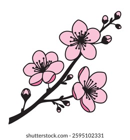 Spring pink branch in doodle style. Hand drawn vector art.
