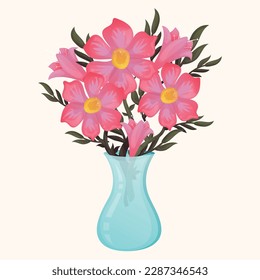 Spring pink bright gradient flowers with leaves in a vase. Lilies and poppies in a transparent vase. Spring cute card with flowers and plants for flower shop with white background