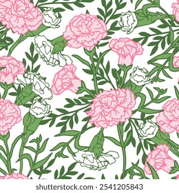 Spring Pink Carnation Flower with Fresh Green Leaf. This seamless pattern is like a carnation flower garden, creating a delicate and nature-inspired design perfect for various creative projects.