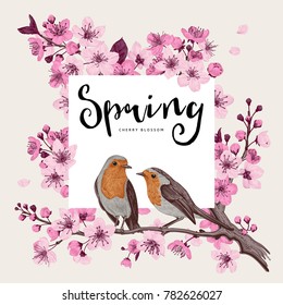 Spring. Pink cherry blossom branch witch birds. Vector botanical illustration. 