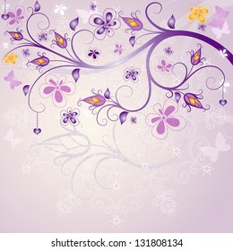 Spring pink floral easter frame with branch, flowers and butterflies (vector EPS 10)