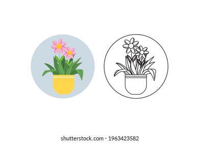Spring Pink Flower Pot Filled Line Icon Bundle