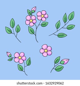 Spring pink flowers and leaves colorful simple set. Hand-drawn doodle elements for decoration of banners, greeting cards and invitations. Stock vector illustration isolated on white background.