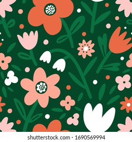 Spring pink flowers on green background, vector seamless pattern