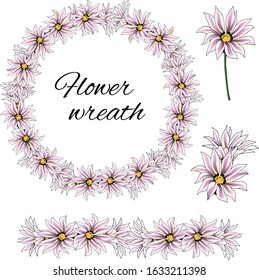 Spring pink flowers, set of african daisy wreath. Realistic vector illustration cut to white.