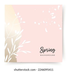 Spring pink gold square background. Minimalistic style with floral elements and texture. Editable vector template for card, banner, invitation, social media post, poster, mobile apps, web ads