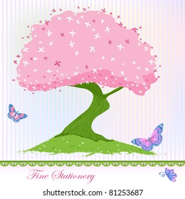 Spring pink and green blooming tree card.