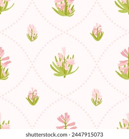 Spring pink hyacinths flowers vector seamless pattern. Vintage romantic design of bloom and dotted lines on background. Floral cottage core print for fabric, paper, packaging, card making