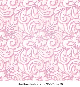 Spring pink ornate background leaf flowers sakura. Seamless floral 3d pattern. Vector illustration