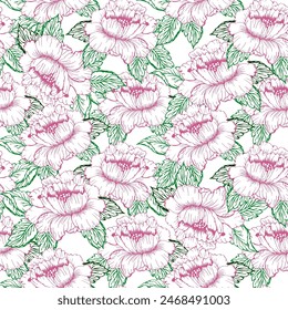 Spring pink peony flower seamless pattern with line art colorful flower. Chines peon and little flower background.