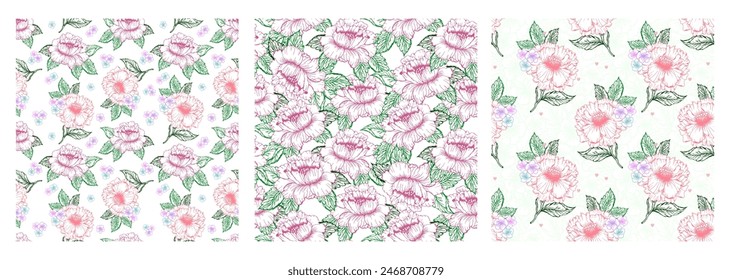 Spring pink peony flower seamless pattern set with line art colorful flower. Chines peon and little flower background.