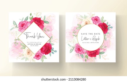 Spring pink rose floral wedding invitation card template