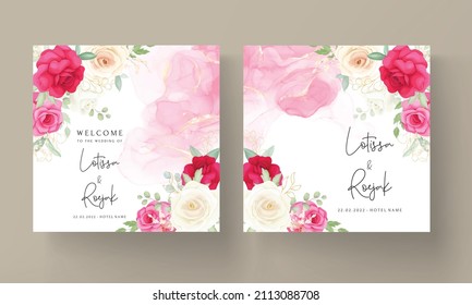 Plantilla de la tarjeta de invitación para bodas floridas de color rosa primavera