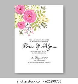 Spring pink rose flowers wedding invitation vector template