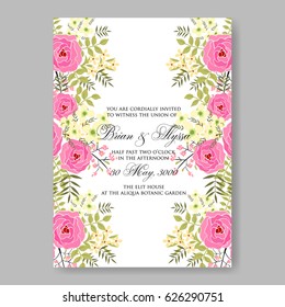 Spring pink rose flowers wedding invitation vector template