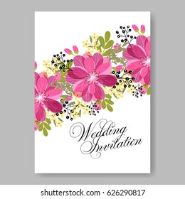 Spring pink rose flowers wedding invitation vector template