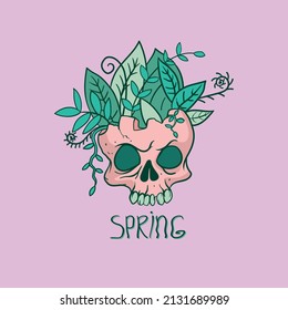 Primavera. Calavera rosa con vegetación. Dibujo para ropa, camisetas, papel. Cartel.